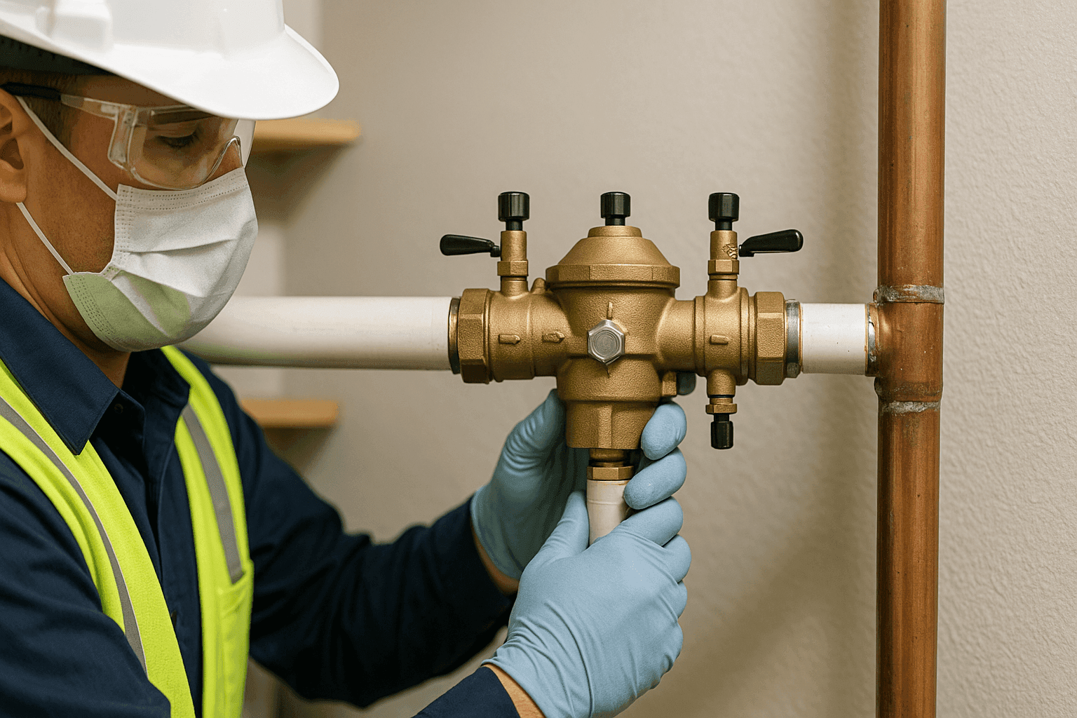 Plumber installing backflow prevention device on main water line