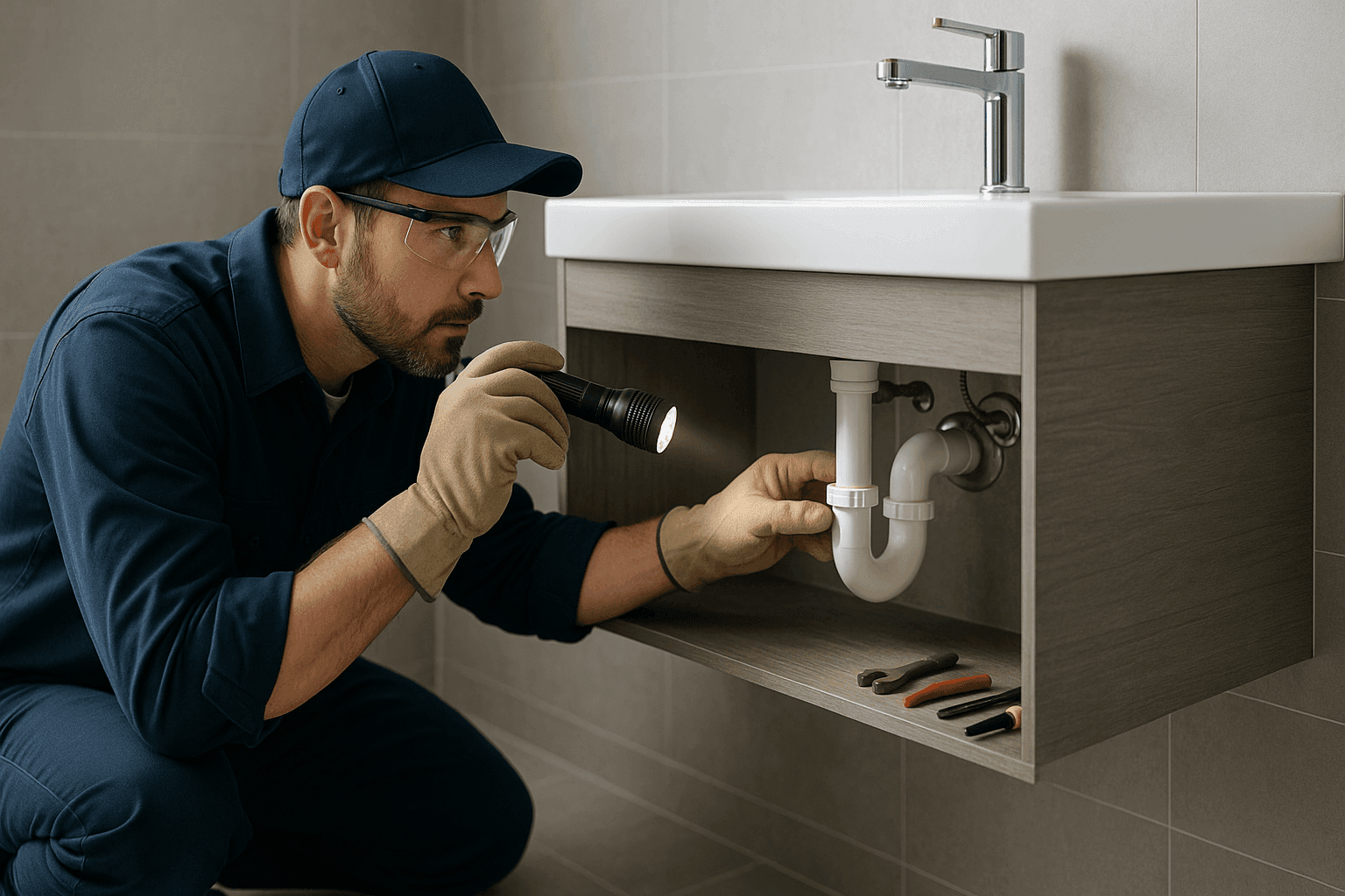 Plomero revisando debajo del lavabo del baño en busca de fugas