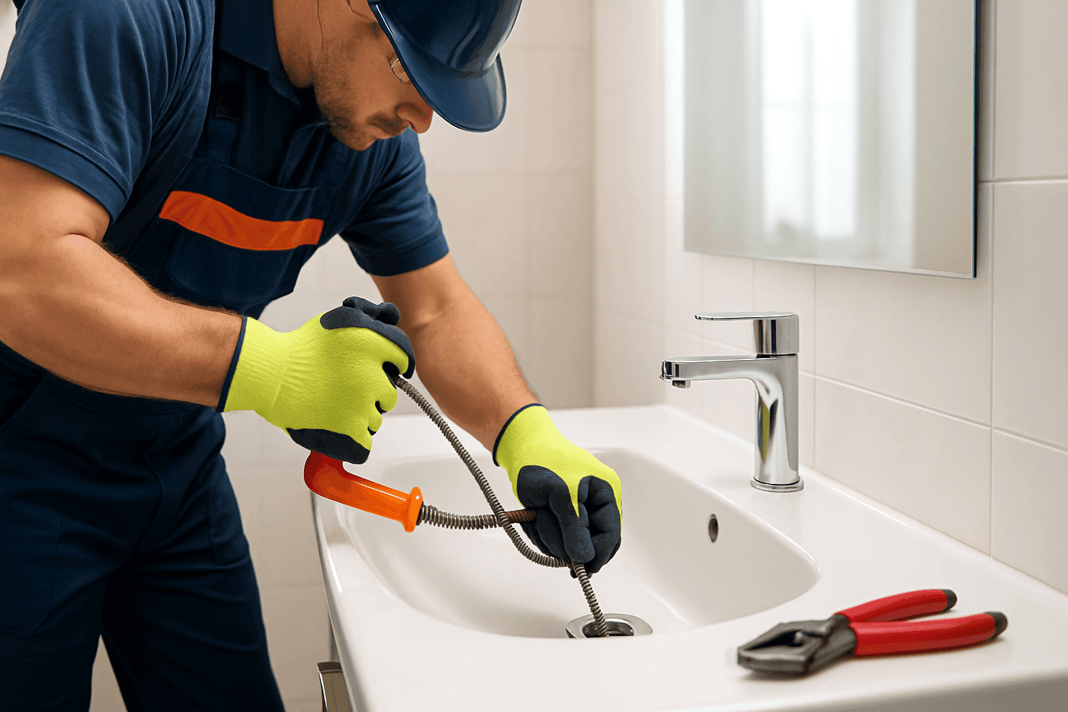 Plumber using drain snake on residential bathroom sink