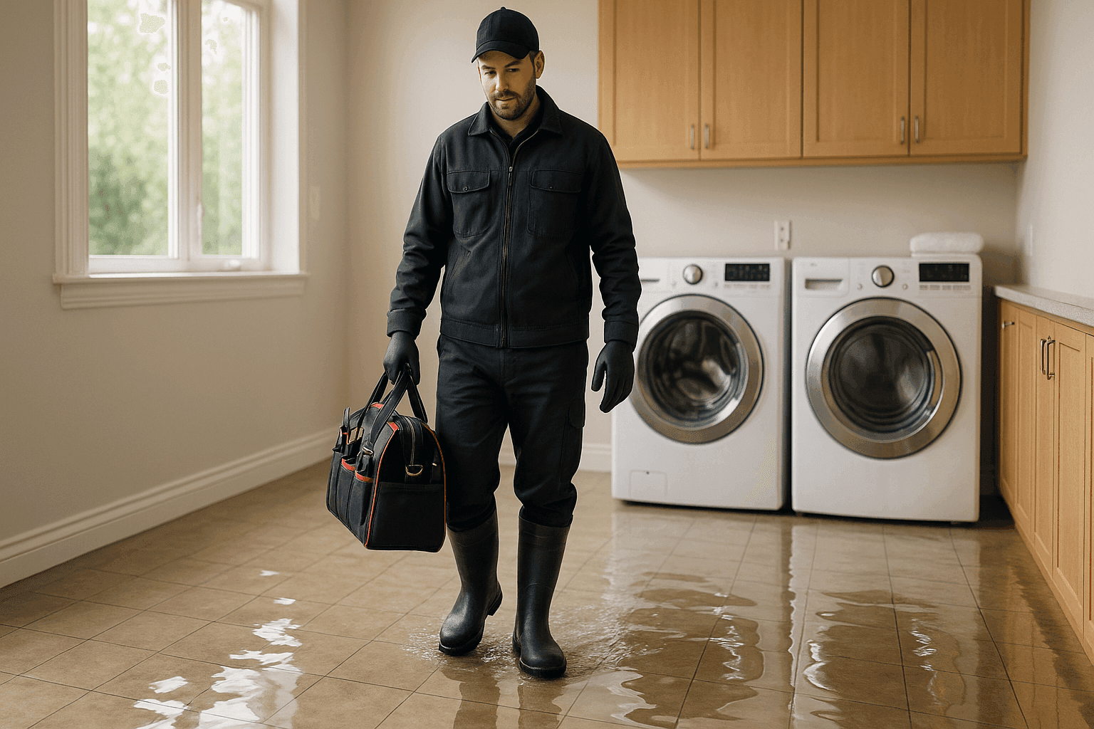 Plumber responding to flooded laundry room with water on floor