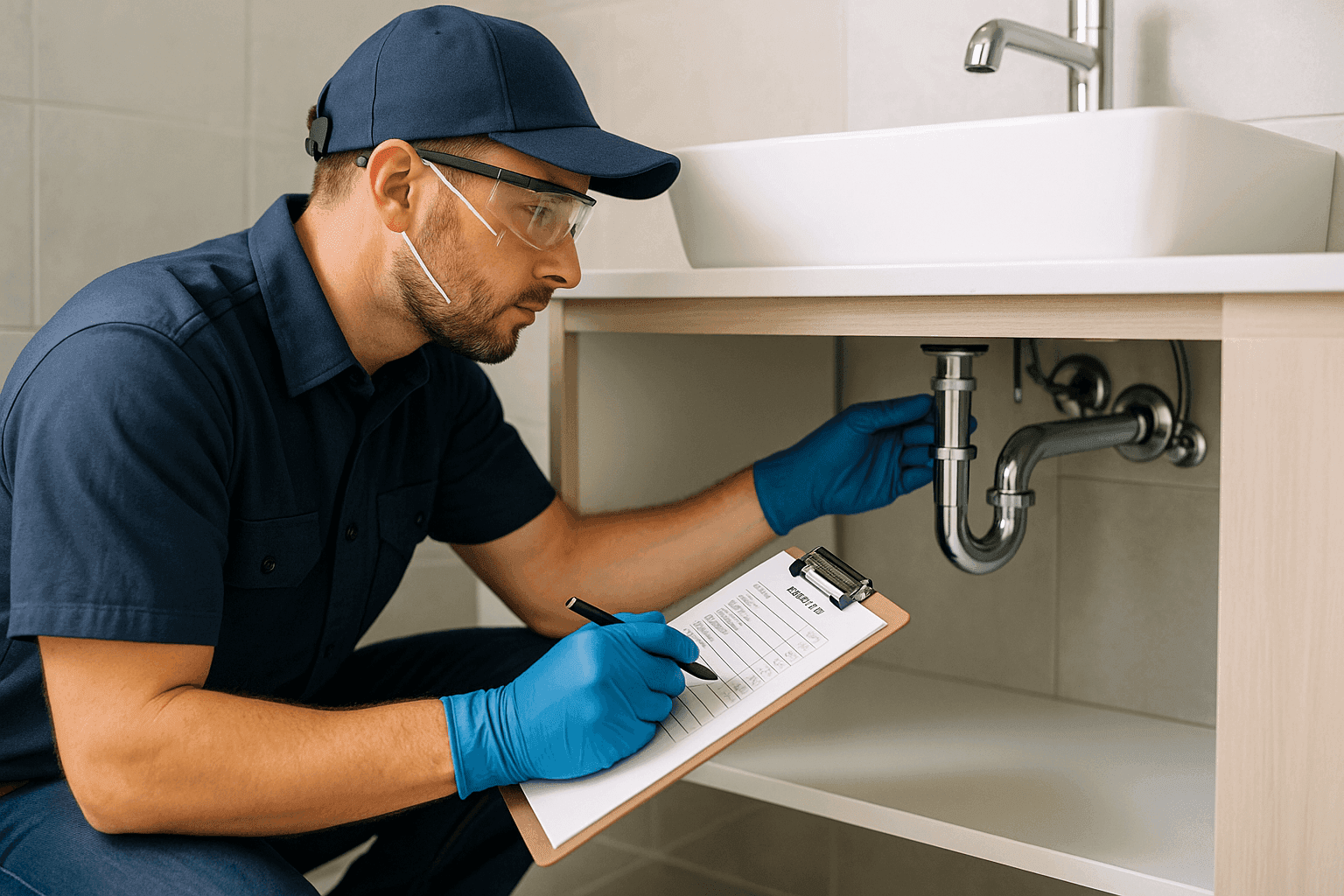Plumber inspecting pipes under a bathroom sink with checklist